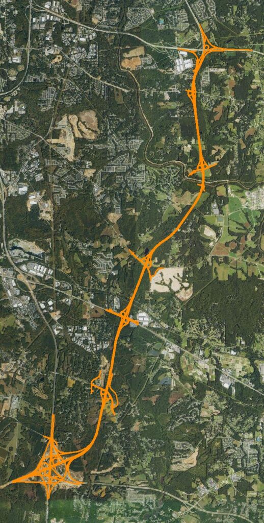 Aerial map of the full Complete 540 Phase 2 corridor from the I-40 interchange near Garner and Clayton to I-87 in Knightdale, drawn in orange
